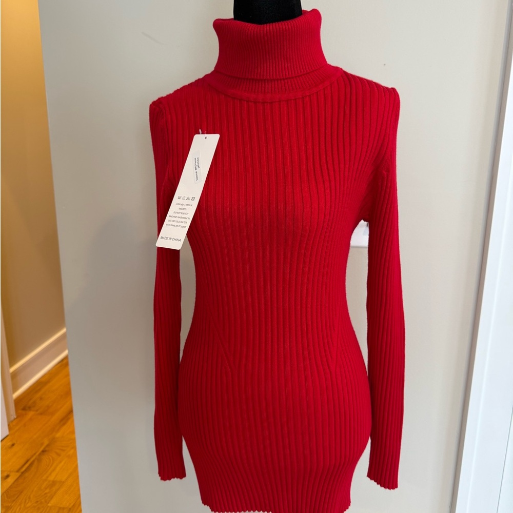 Elegant  Red Ribbed Turtleneck Sweater